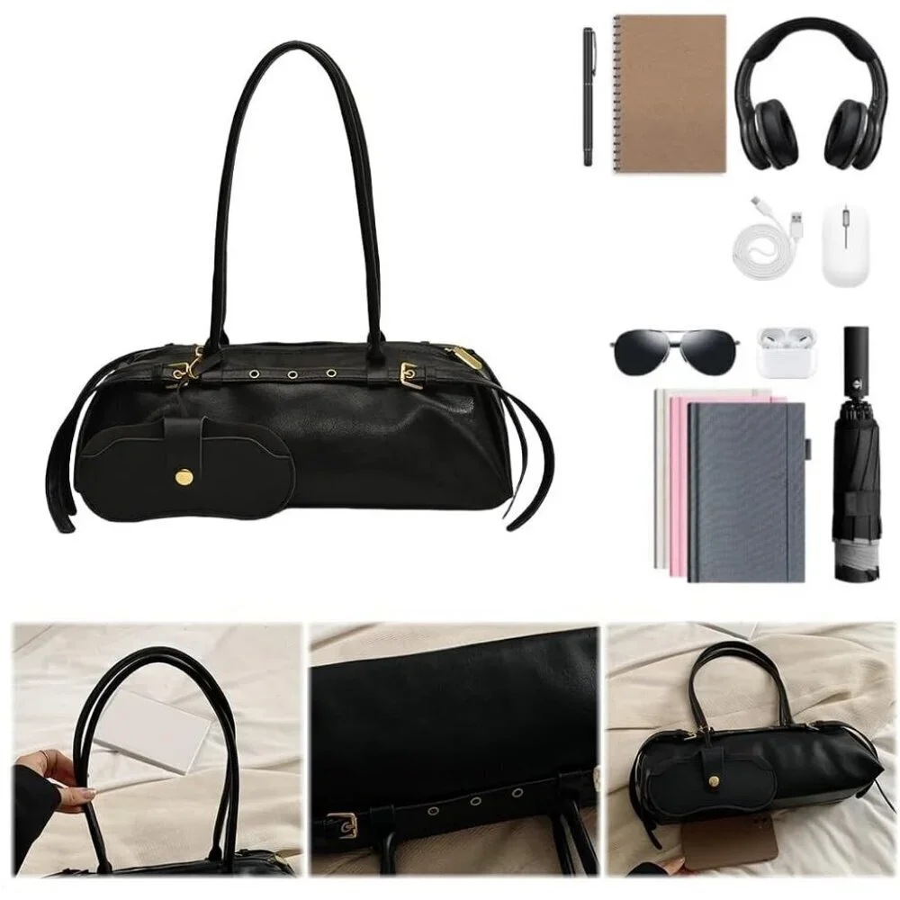 Wome'ns Black PU Leather Tote Bag Casual Bowling Bag Purse Retro Underarm